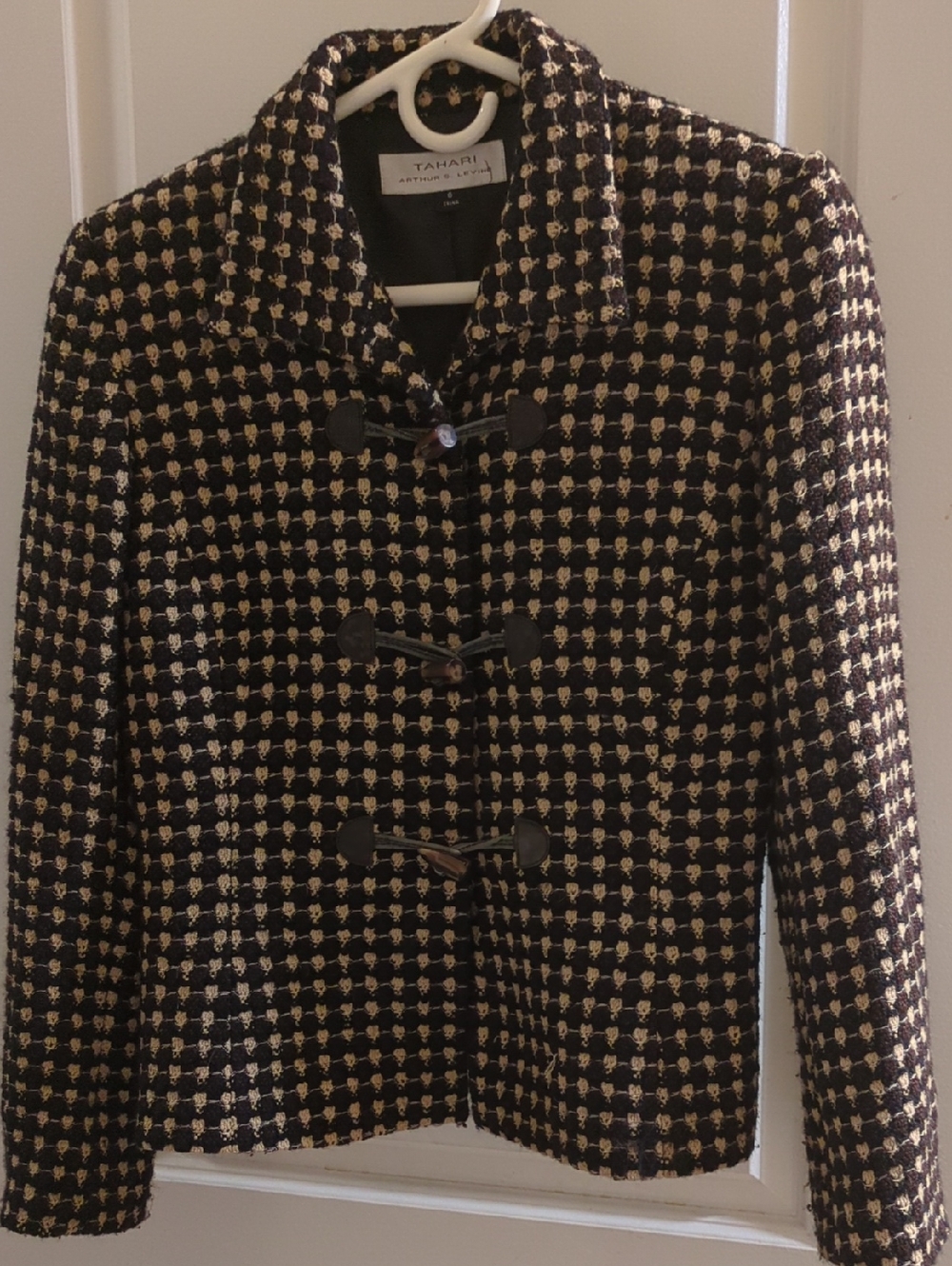 Tahari Black and Cream Tweed Toggle Blazer